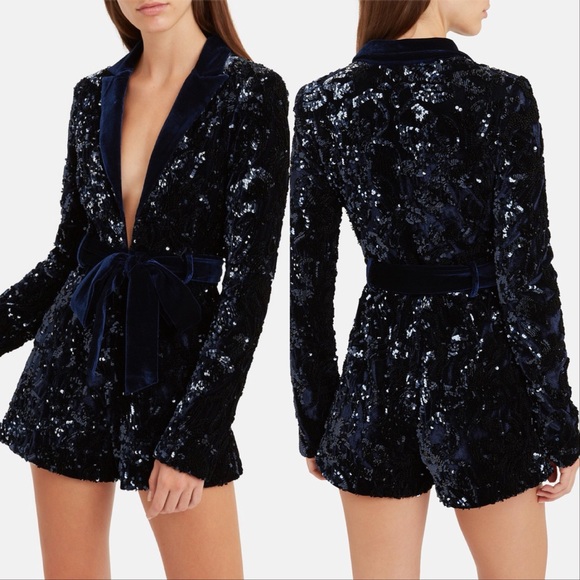 Alexis Pants - Alexis Pamina Sequin Belted Romper Navy Blue